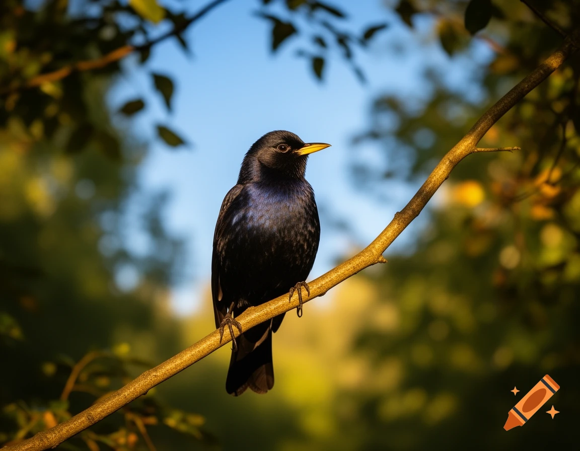 A blackbird with iridescent dark plumage and a yellow beak perches on a sunlit branch against a blurred green and blue background.