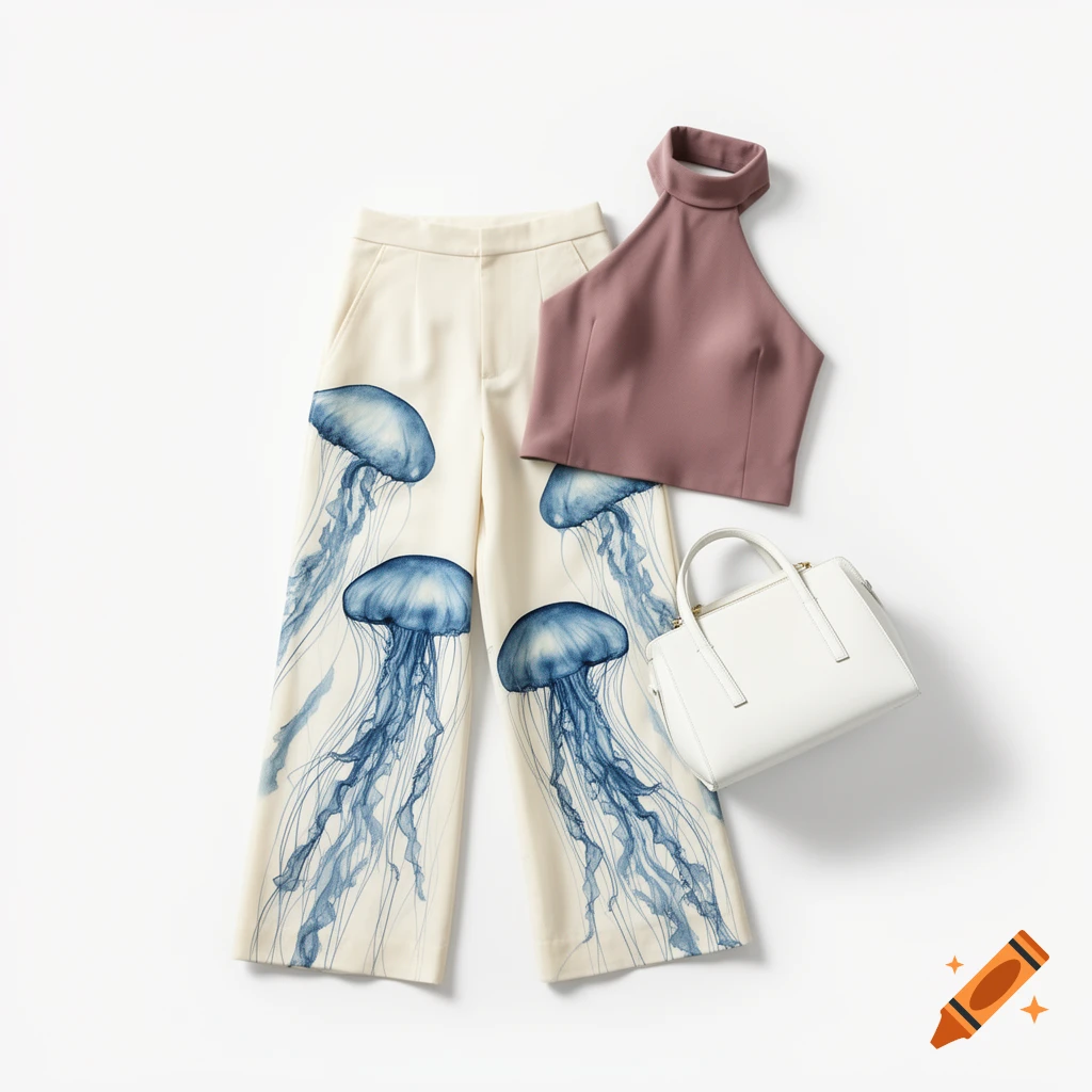 A flat lay of cream wide-leg pants with blue jellyfish print, a dusty mauve halter top, and a white structured leather bag on a white background.