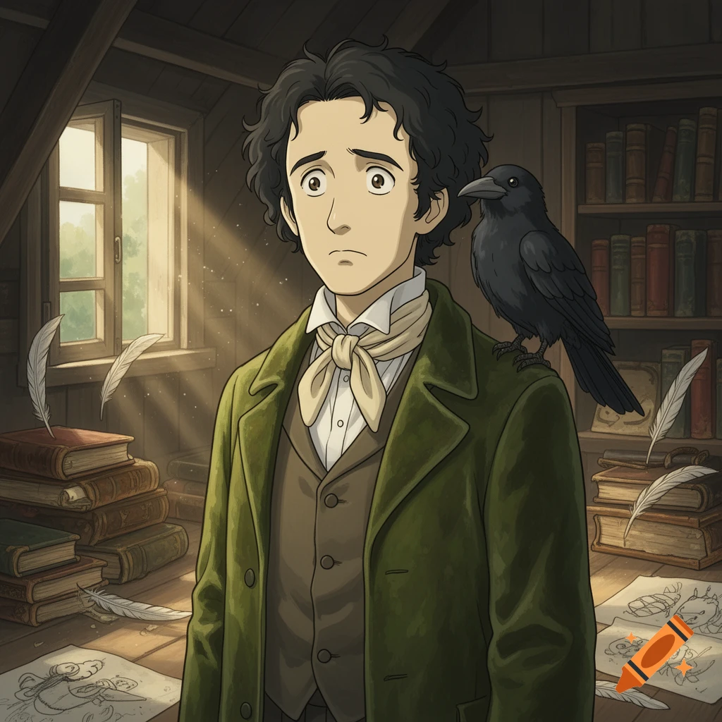 A melancholic young man with dark curly hair and a green coat stands in an attic with a crow on his shoulder, surrounded by books and quills, in a Studio Ghibli style.