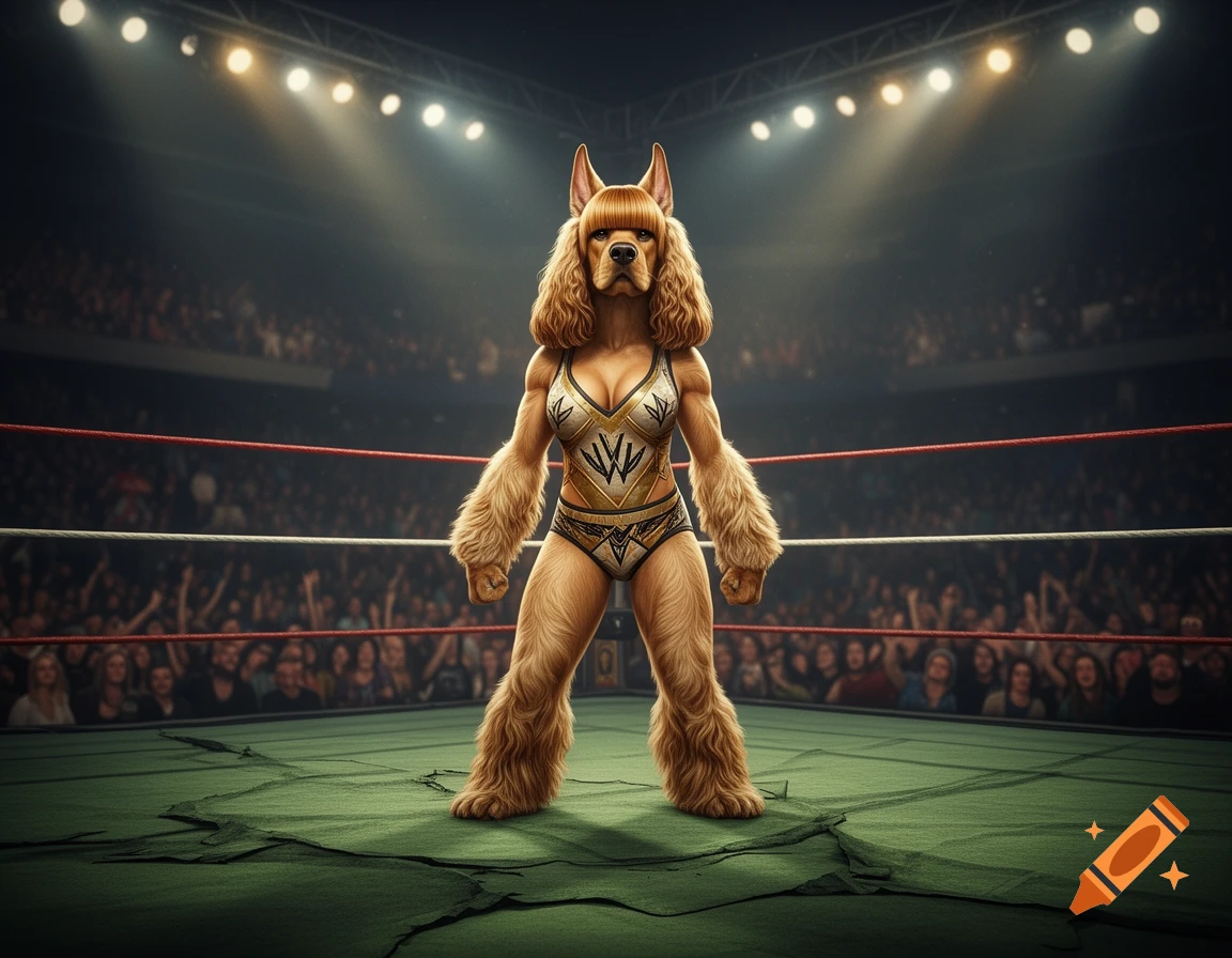 A muscular anthropomorphic female cocker spaniel wrestler with short hair and bangs, wearing a gold and white leotard, stands in a spotlighted wrestling ring.