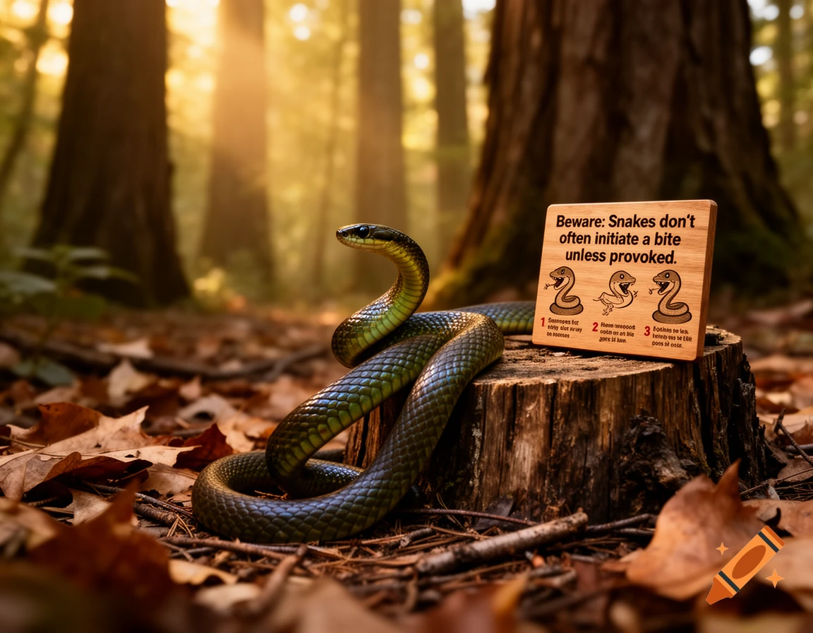 A photorealistic image of a dark green snake coiled around a tree stump in a sunlit forest, next to a wooden sign about snake safety.