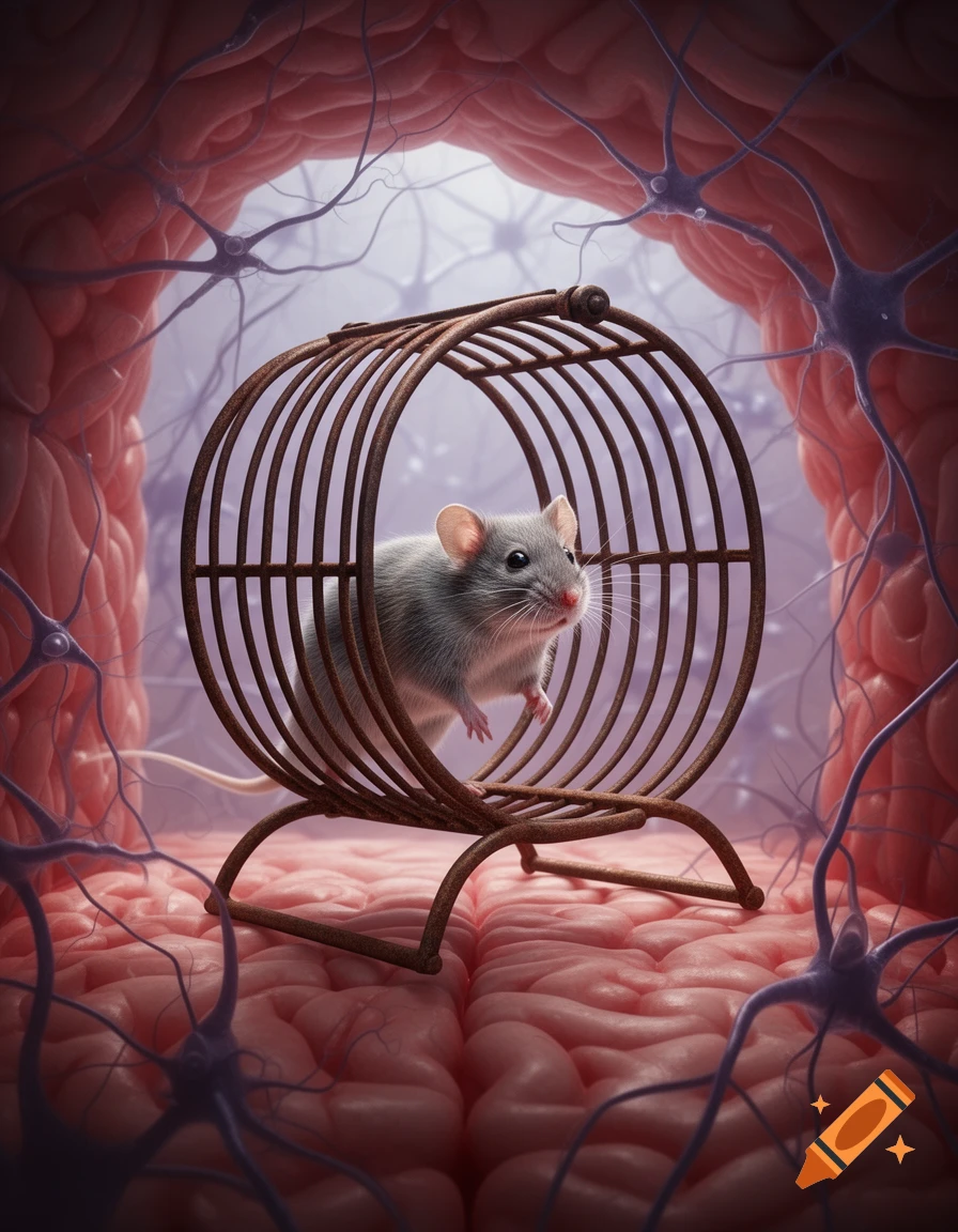 A tiny gray mouse runs in a metal hamster wheel positioned within the folds of a pink human brain, with visible neurons.
