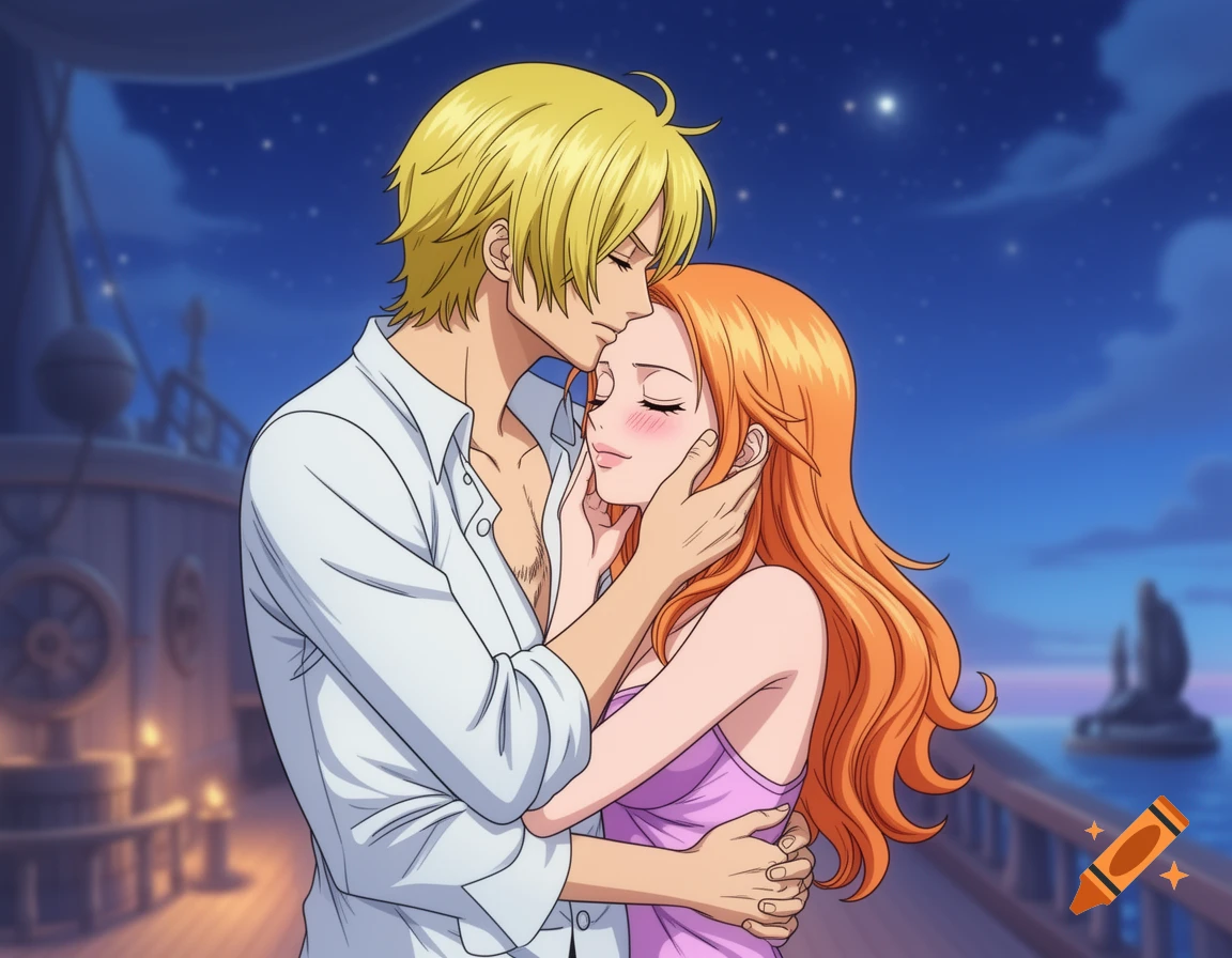 An anime-style image of a blonde man embracing an orange-haired woman on a ship's deck at night.
