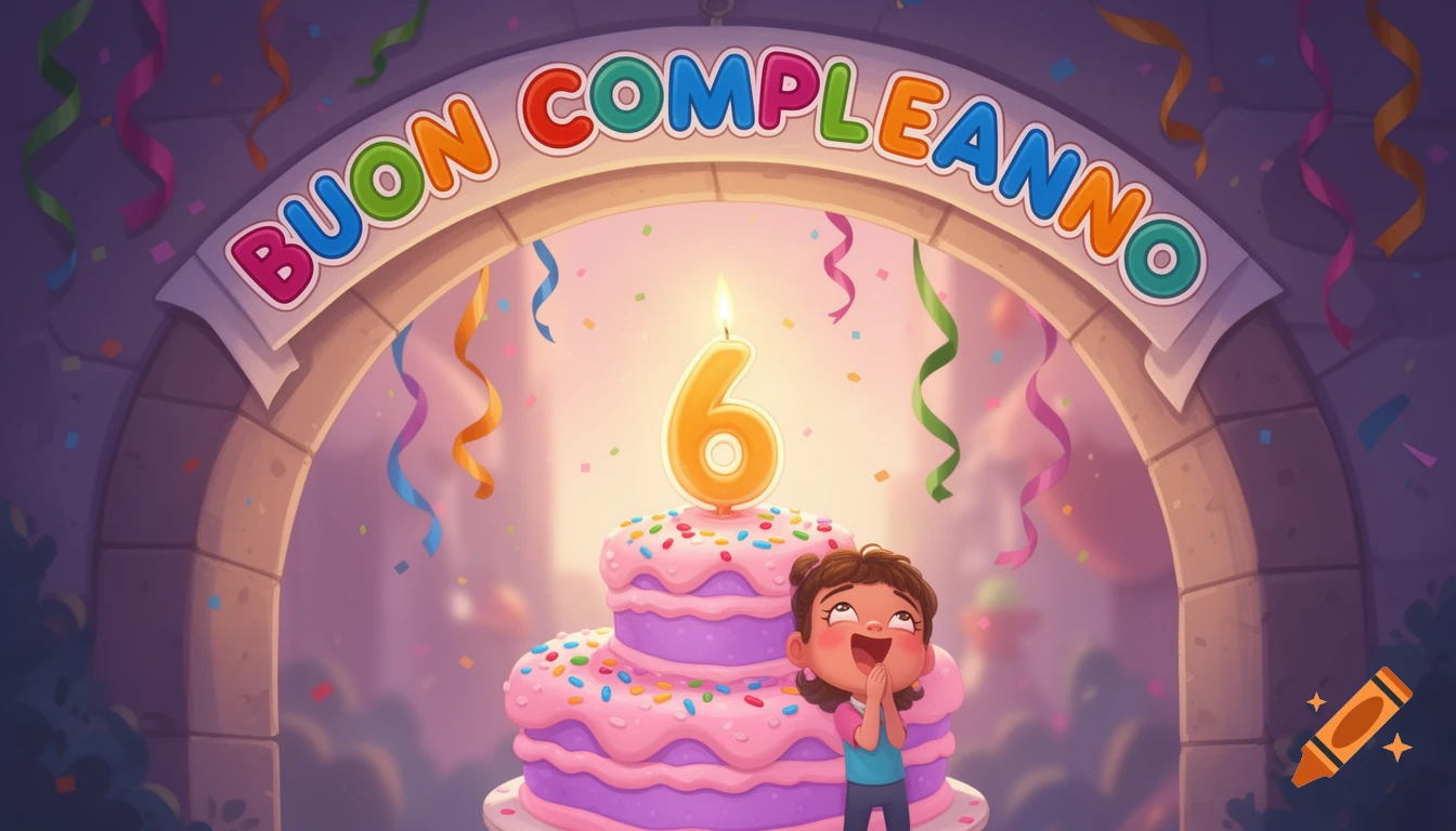 A cheerful cartoon child stands ready to blow out a number 6 candle on a pink and purple birthday cake under a banner reading 'BUON COMPLEANNO'.