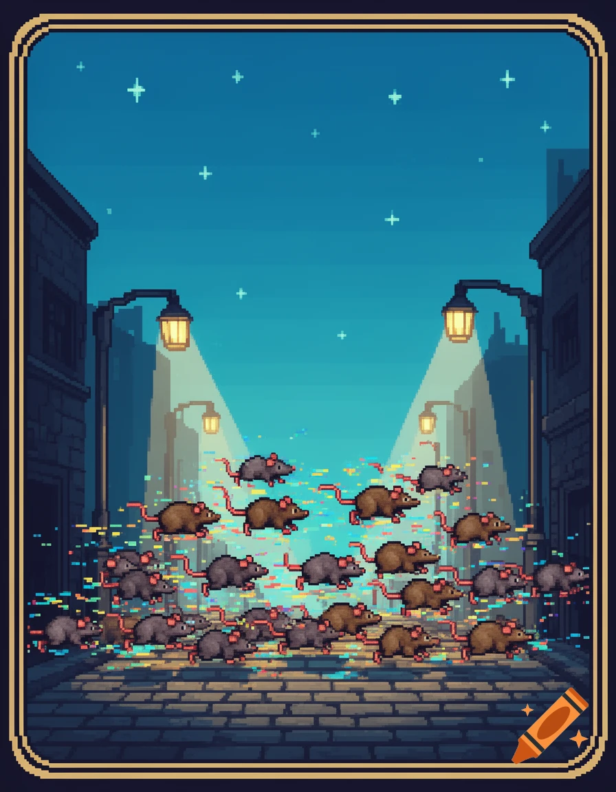 A horde of pixel art rats runs through a dark city street lit by streetlights at night, with a starry sky.