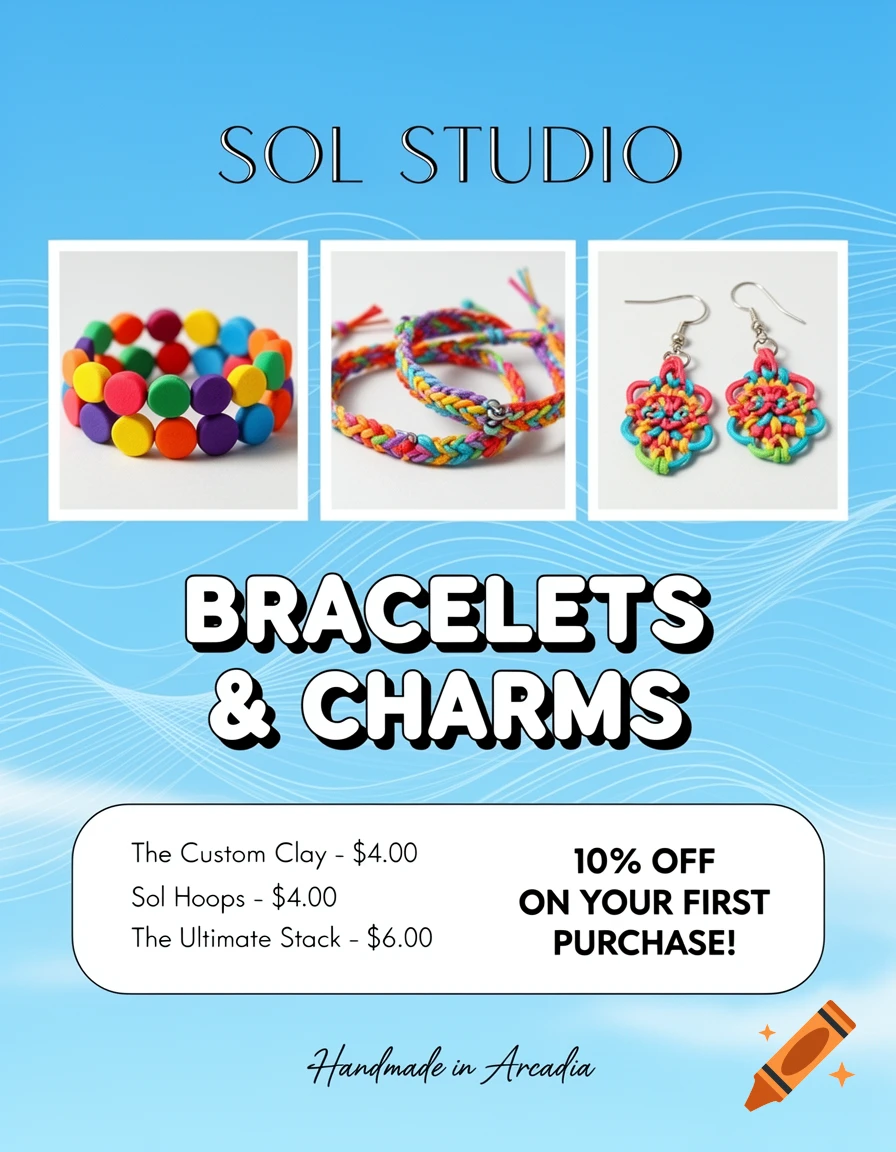 A professional flyer for SOL STUDIO, featuring colorful bracelets and earrings, a price list, and a '10% OFF' message on a blue, wavy background.