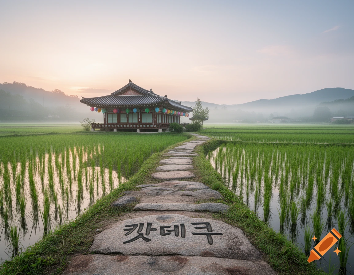 A stone path leads through misty rice paddies towards a traditional Korean building under a sunrise sky.