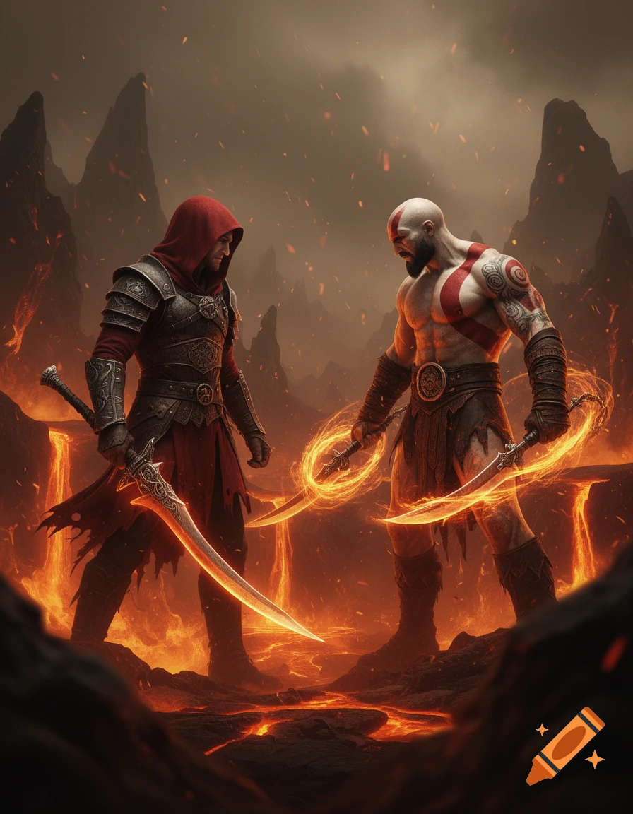 Dante and Kratos, two muscular warriors, stand in a volcanic hellscape with glowing swords and lava flowing around them.