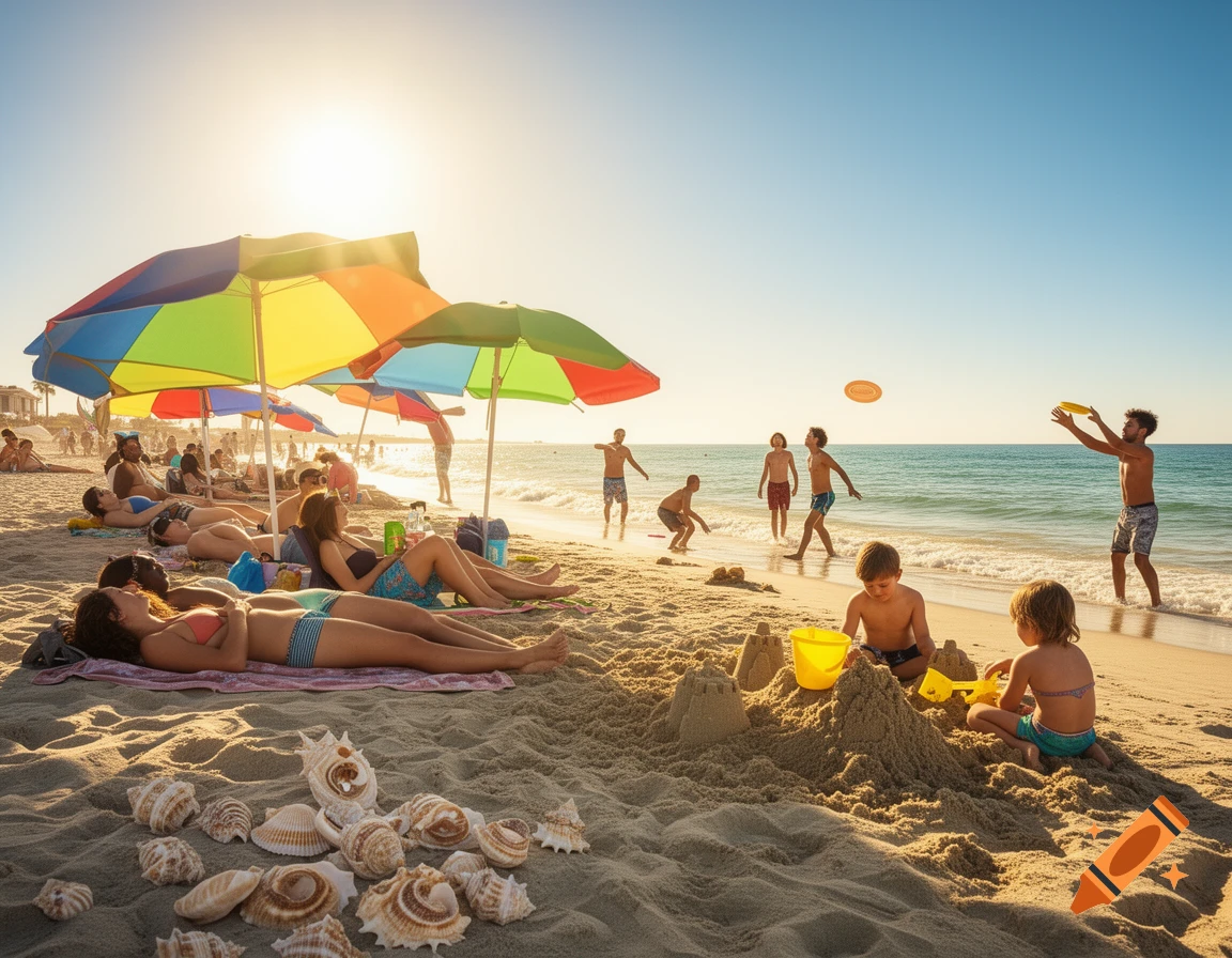 A vibrant, sunny beach scene with people relaxing under colorful umbrellas, children building sandcastles, and others playing in the clear ocean.