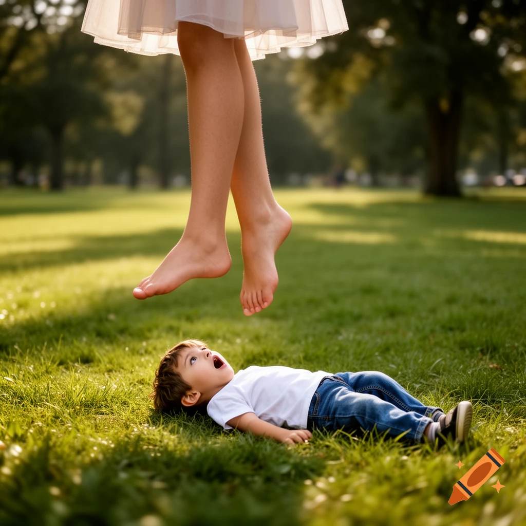 A young boy lies on green grass, looking up in awe at a woman's bare feet floating above him in a sunny park.