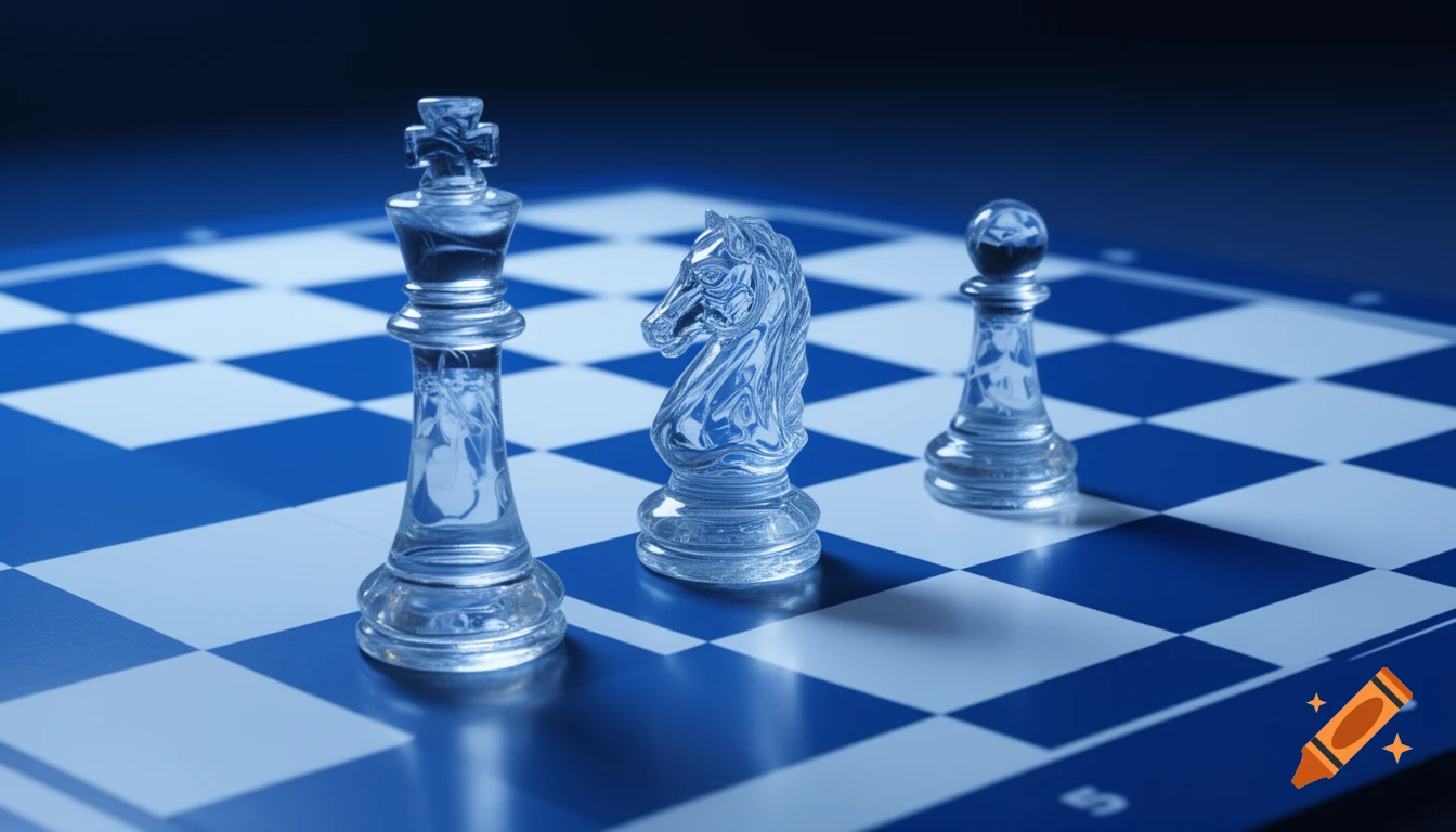 Translucent glass king, knight, and pawn on a blue and white chessboard with a bluish ambiance, captured from an angle.
