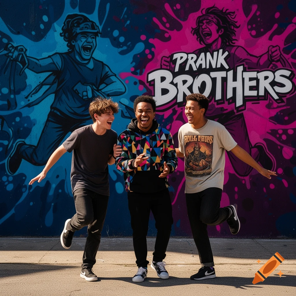 Three laughing young men pose dynamically in front of a vibrant graffiti wall that reads "PRANK BROTHERS." The man on the right wears a t-shirt with a graphic.