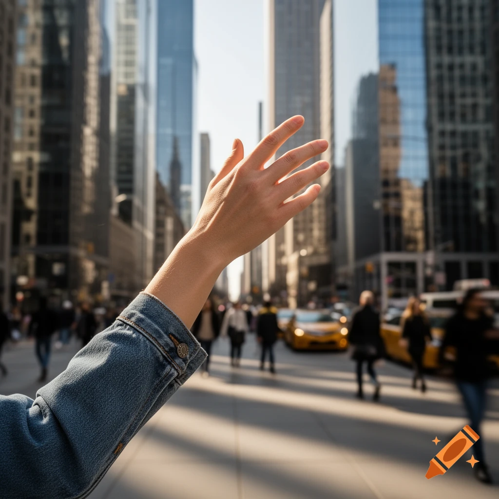 A person's arm and hand reaching up in a busy city street with tall buildings and yellow taxis in the background.