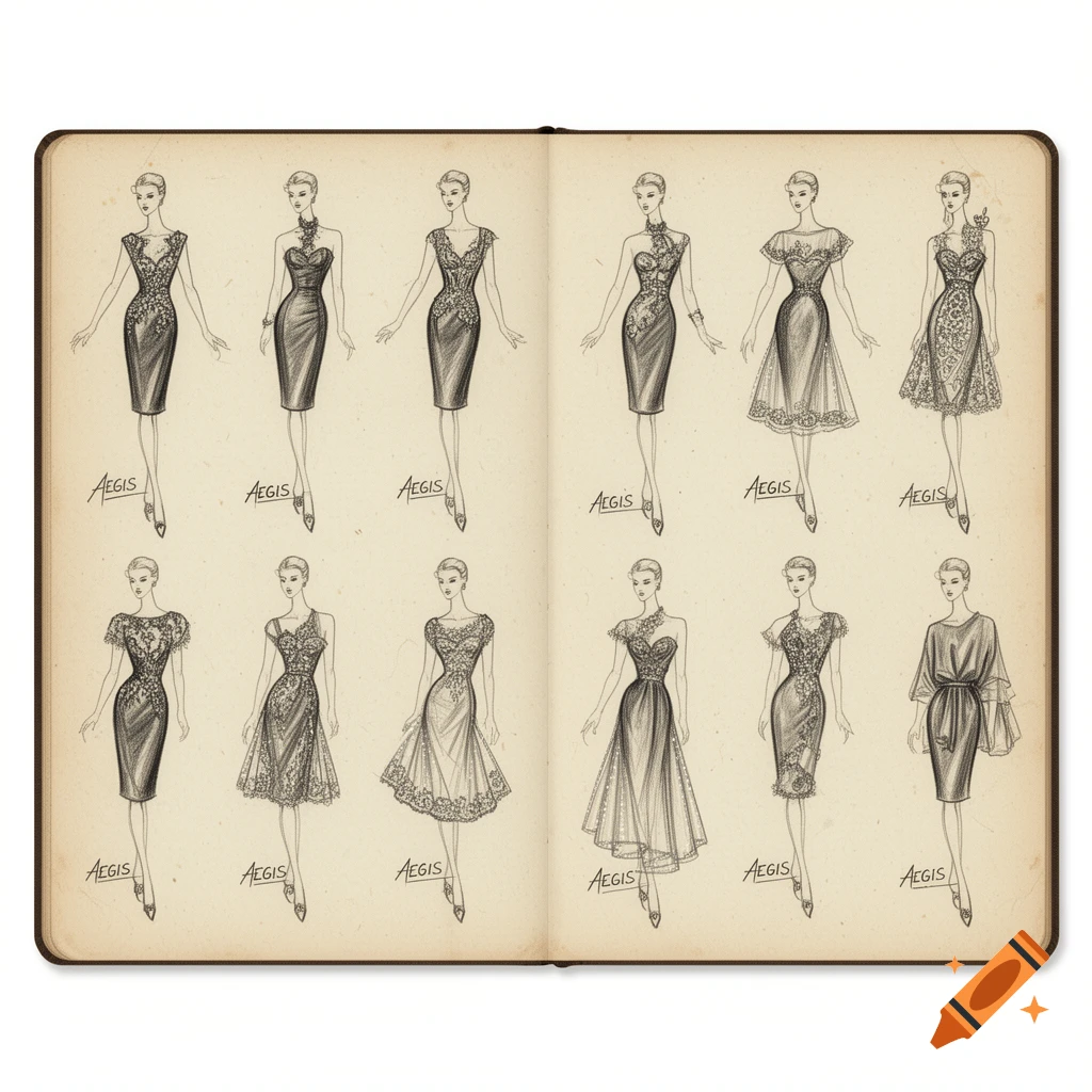 Vintage fashion sketchbook with hand-drawn pencil illustrations of twelve women wearing cocktail and party dresses.