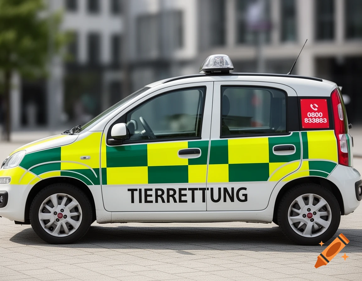 White Fiat Panda animal rescue vehicle with green and yellow checkered markings and "TIERRETTUNG" text on its side, parked on pavement.