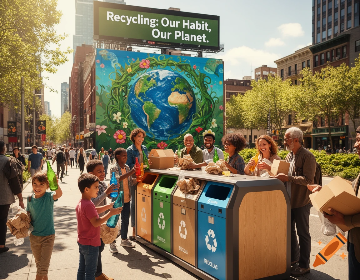 A diverse group of people, including children and adults, happily recycle bottles and boxes at a brightly painted station on a city street, beneath a billboard that reads 'Recycling: Our Habit, Our Planet.'