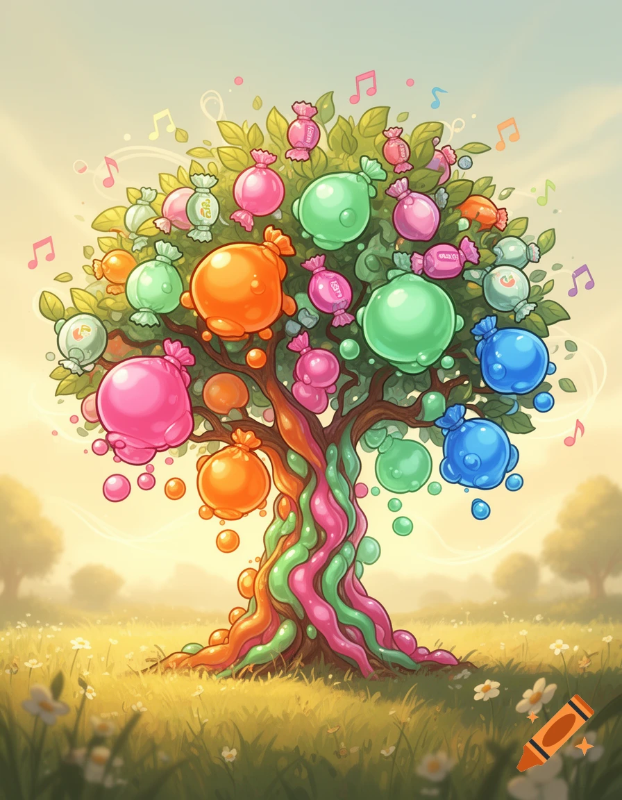 A vibrant cartoon chewing gum tree with colorful candies and musical notes in a sunny, whimsical field.