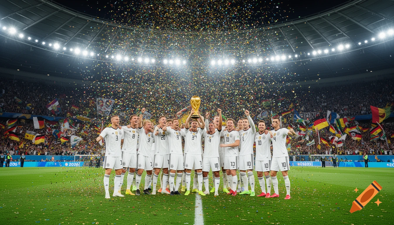 The German national football team celebrates winning the 2026 World Cup on a stadium field under falling confetti, holding up a golden trophy, with cheering fans in the background.