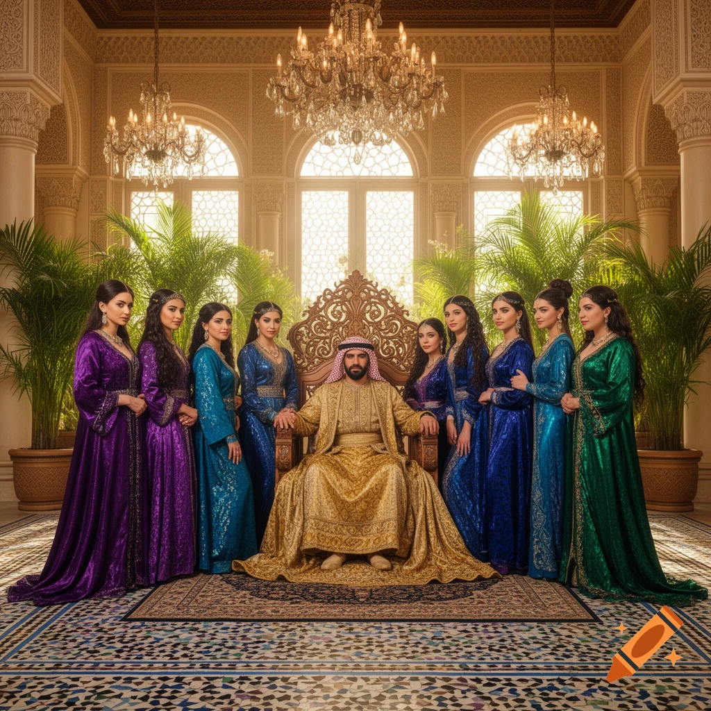 A man in golden robes sits on an ornate throne, surrounded by eight women in colorful traditional dresses in a grand, chandelier-lit palace room.
