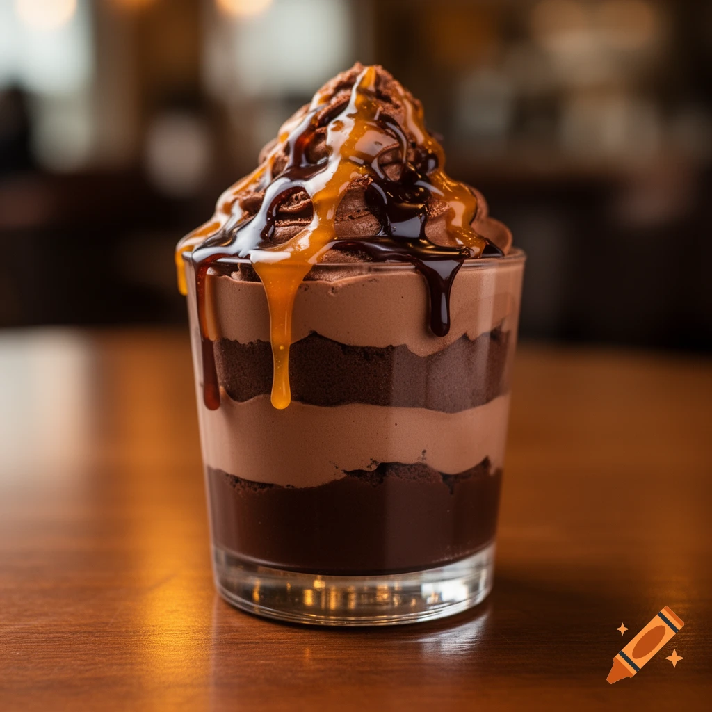 A photorealistic chocolate parfait in a clear glass with layered chocolate cake and mousse, topped with chocolate and caramel drizzle.
