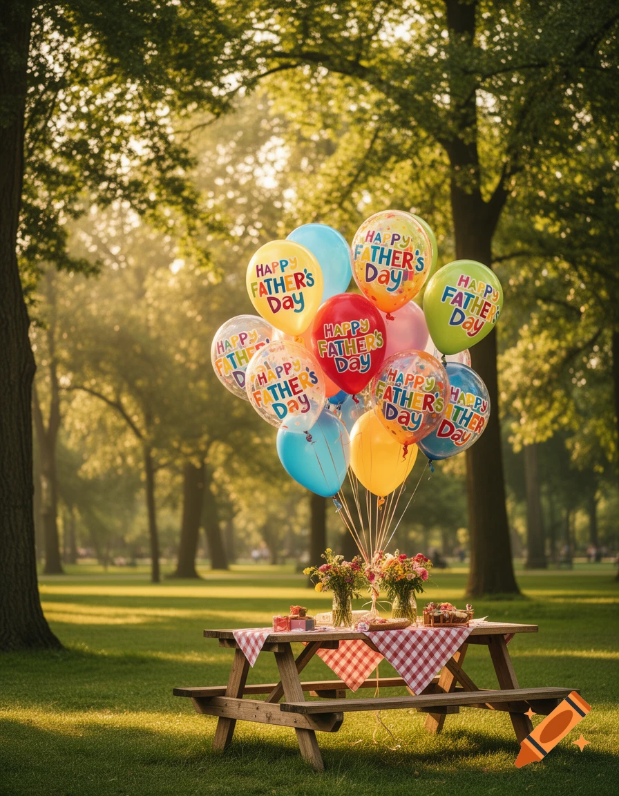 A vibrant picnic scene in a sunny park with a wooden table, flowers, and a bouquet of colorful 'Happy Father's Day' balloons.