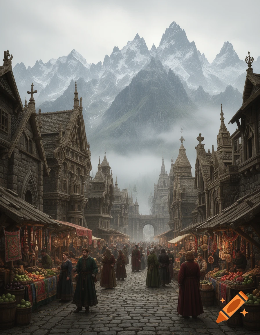 A bustling fantasy marketplace street with vendors, shoppers, and ornate medieval buildings, set against majestic snow-capped mountains.
