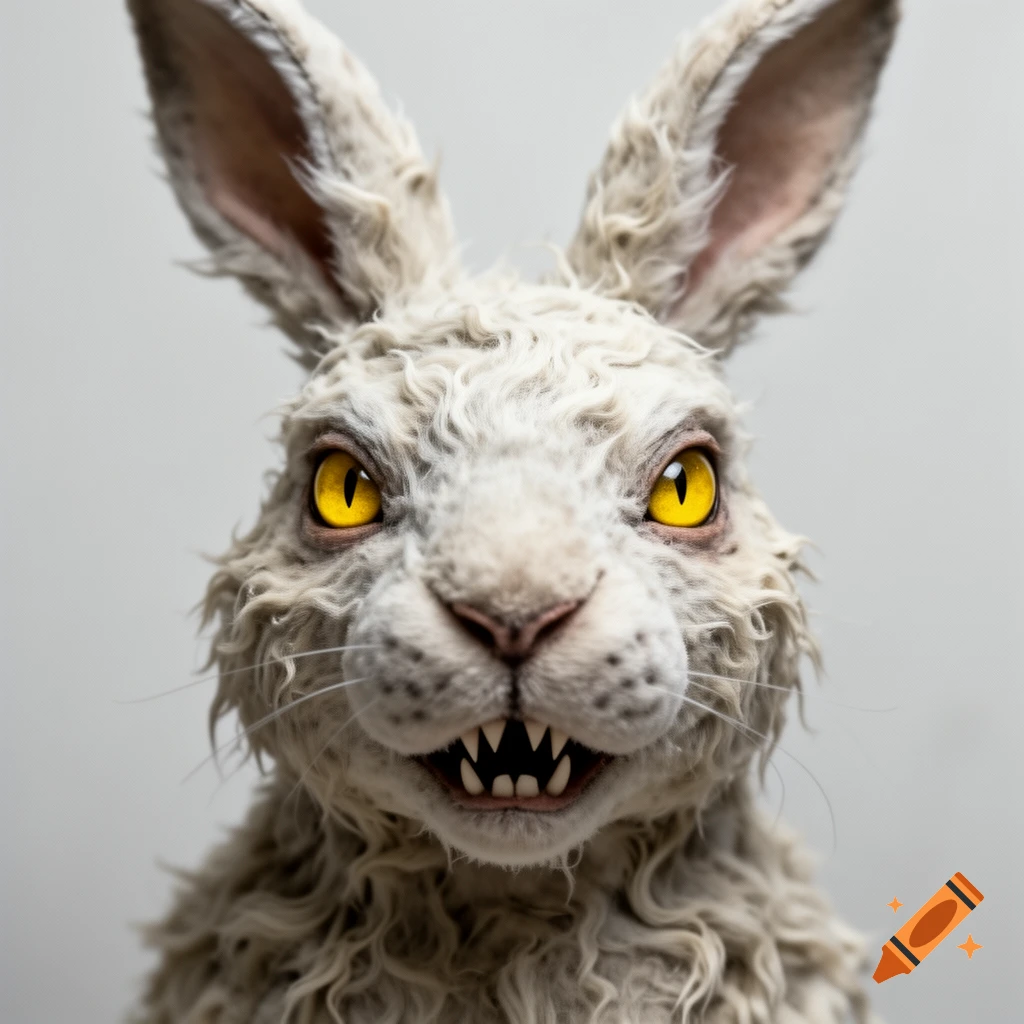 Close-up of a scary white plush rabbit head with bright yellow eyes and sharp teeth, on a white background.
