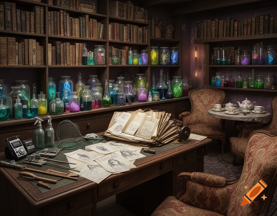 A dimly lit room filled with bookshelves, jars of colorful liquids, and scientific tools on a desk, resembling an old alchemist's lab or witch's study.