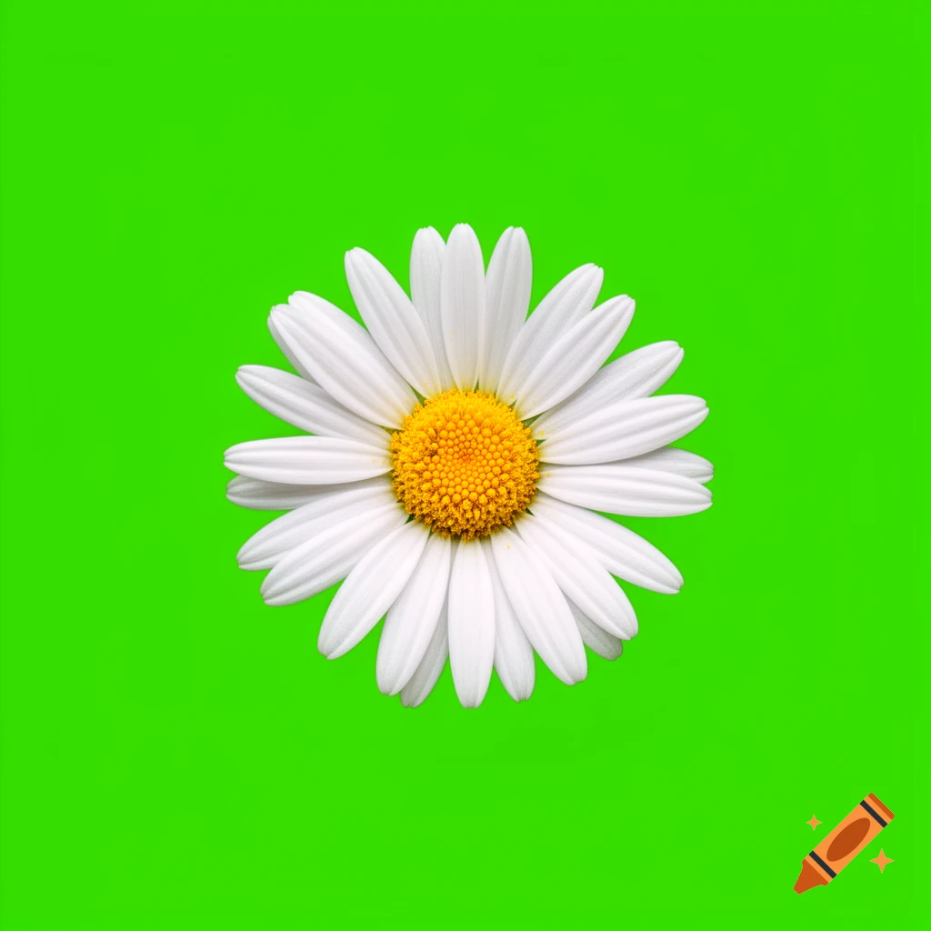 A single white daisy with a yellow center on a vibrant green background, photorealistic.