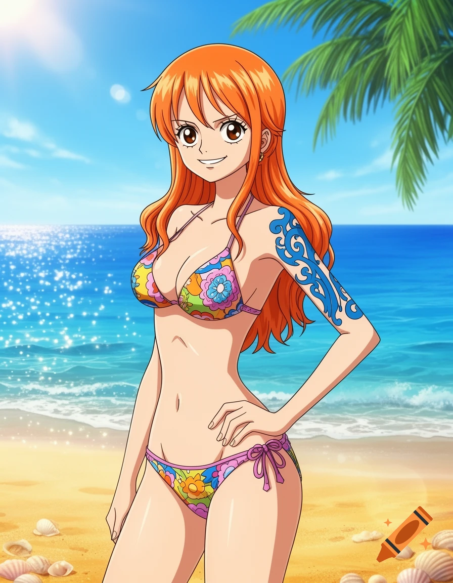 Anime character Nami with orange hair and blue tattoo, wearing a colorful floral bikini on a sunny beach.