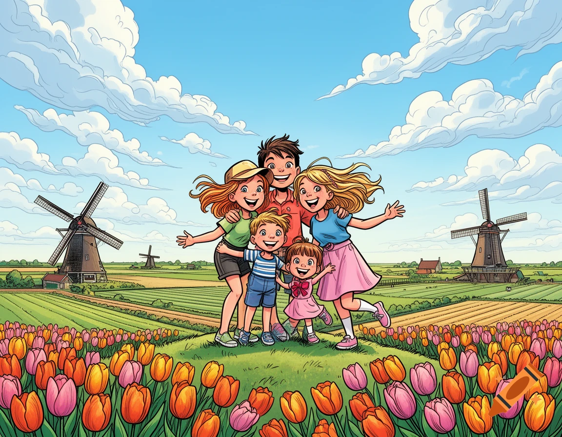 A happy family of four embraces in a vibrant comic art style in a field of colorful tulips with windmills under a blue sky.