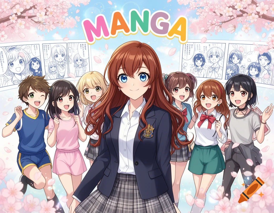 Anime-style group of smiling students under cherry blossoms with 'MANGA' text and comic panels in the background.