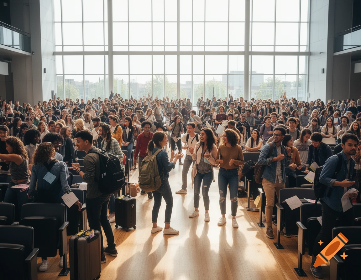 A large group of diverse students gathers in a bright university hall, some with luggage, conveying a sense of new beginnings.