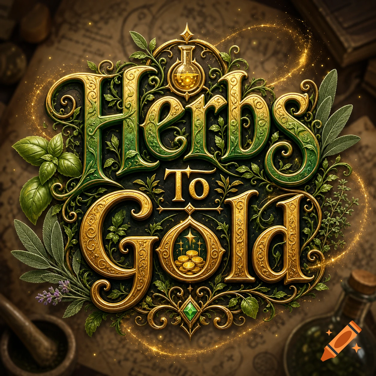 Ornate gold and green 'Herbs To Gold' logo with plants, a flask, and coins, against a magical background.