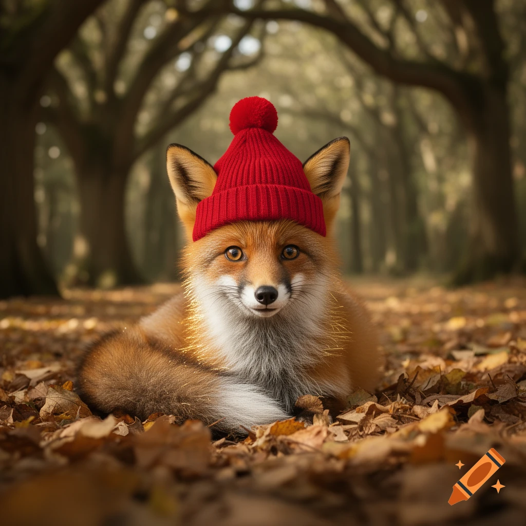 A cute fox wearing a red pompom hat lies on a bed of autumn leaves in a forest.