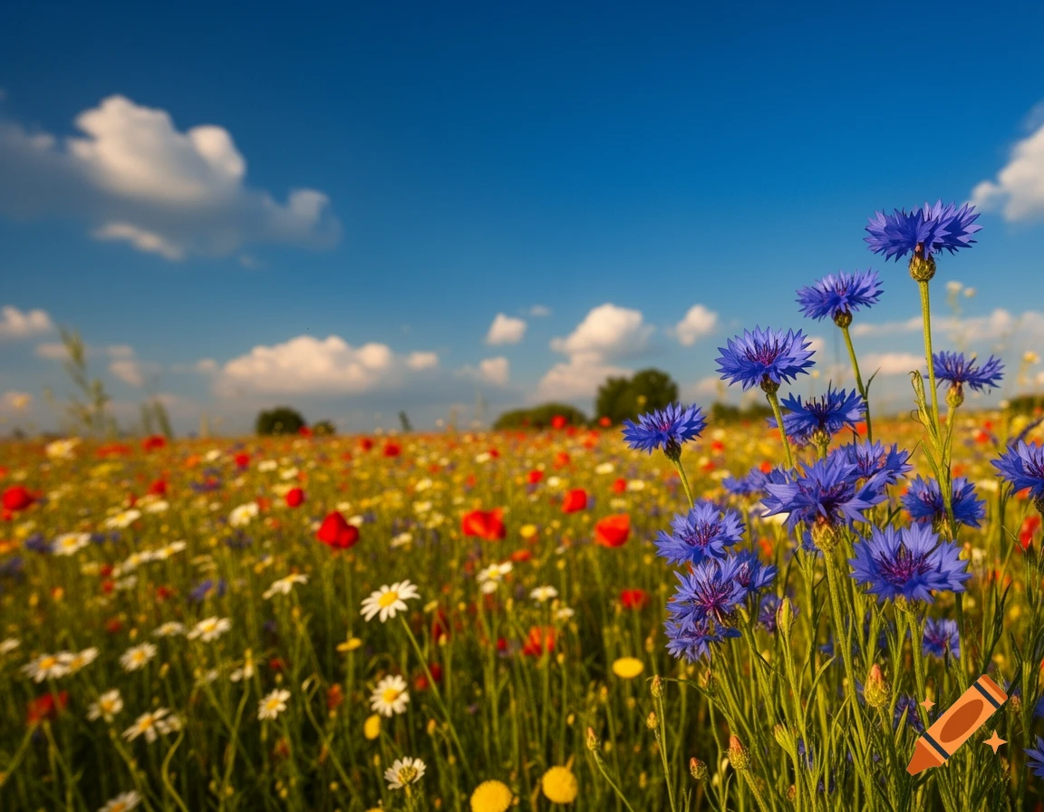Photorealistic summer flower meadow with blue cornflowers, red poppies, and white daisies under a clear blue sky.