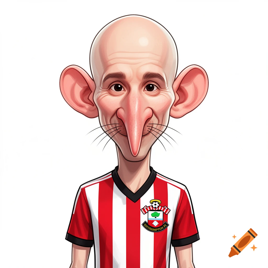 Humorous cartoon caricature of a bald man with a long pointed nose, large ears, and whiskers, wearing a red and white striped Southampton FC football shirt.