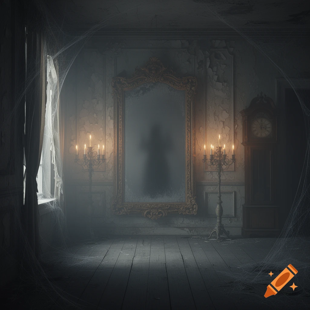 A dark, gothic, abandoned room with spiderwebs, lit candles, a grandfather clock, and a ghostly figure in an ornate mirror.