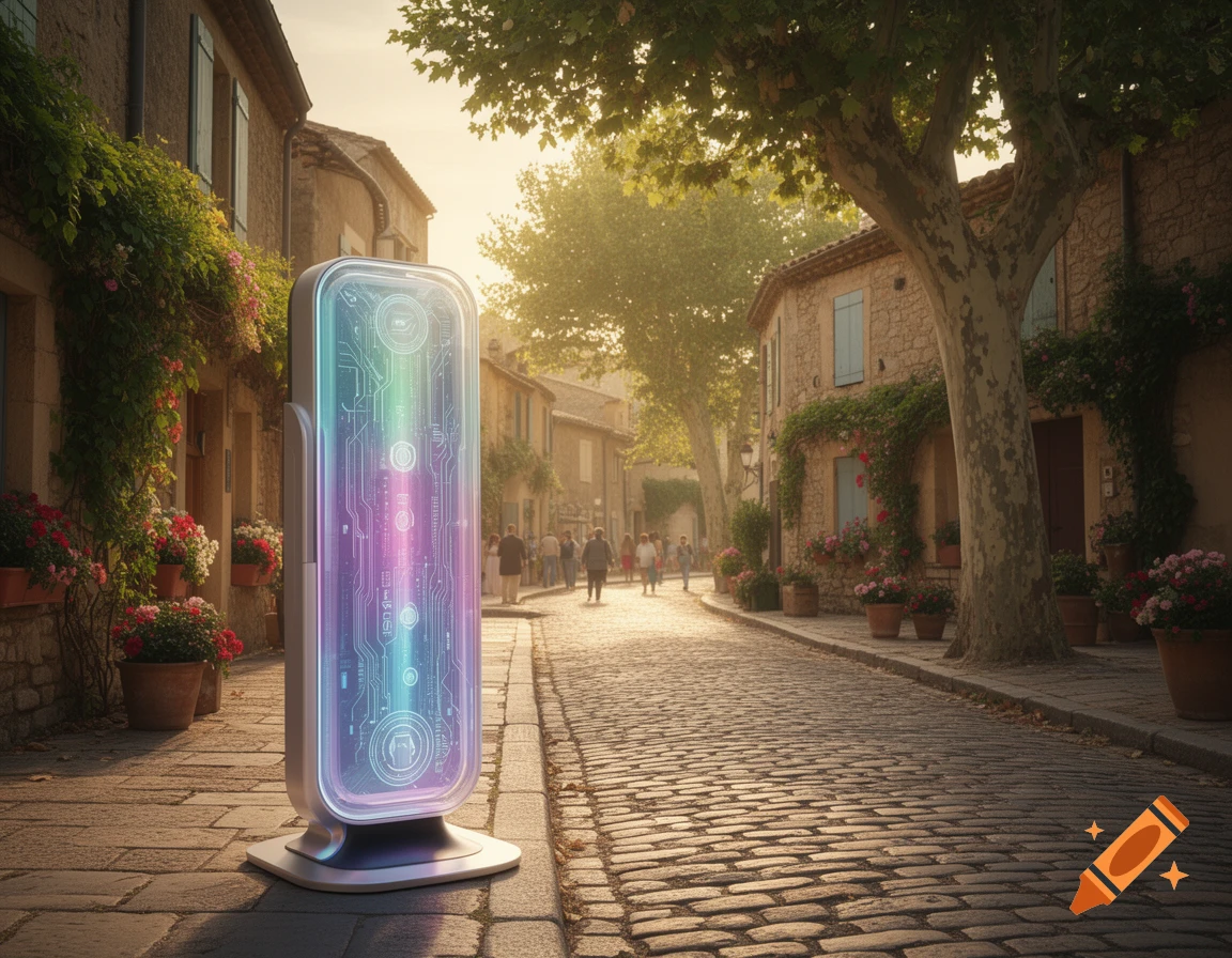 A glowing futuristic energy sensor stands on a cobblestone street in a quaint European village bathed in warm morning sunlight.
