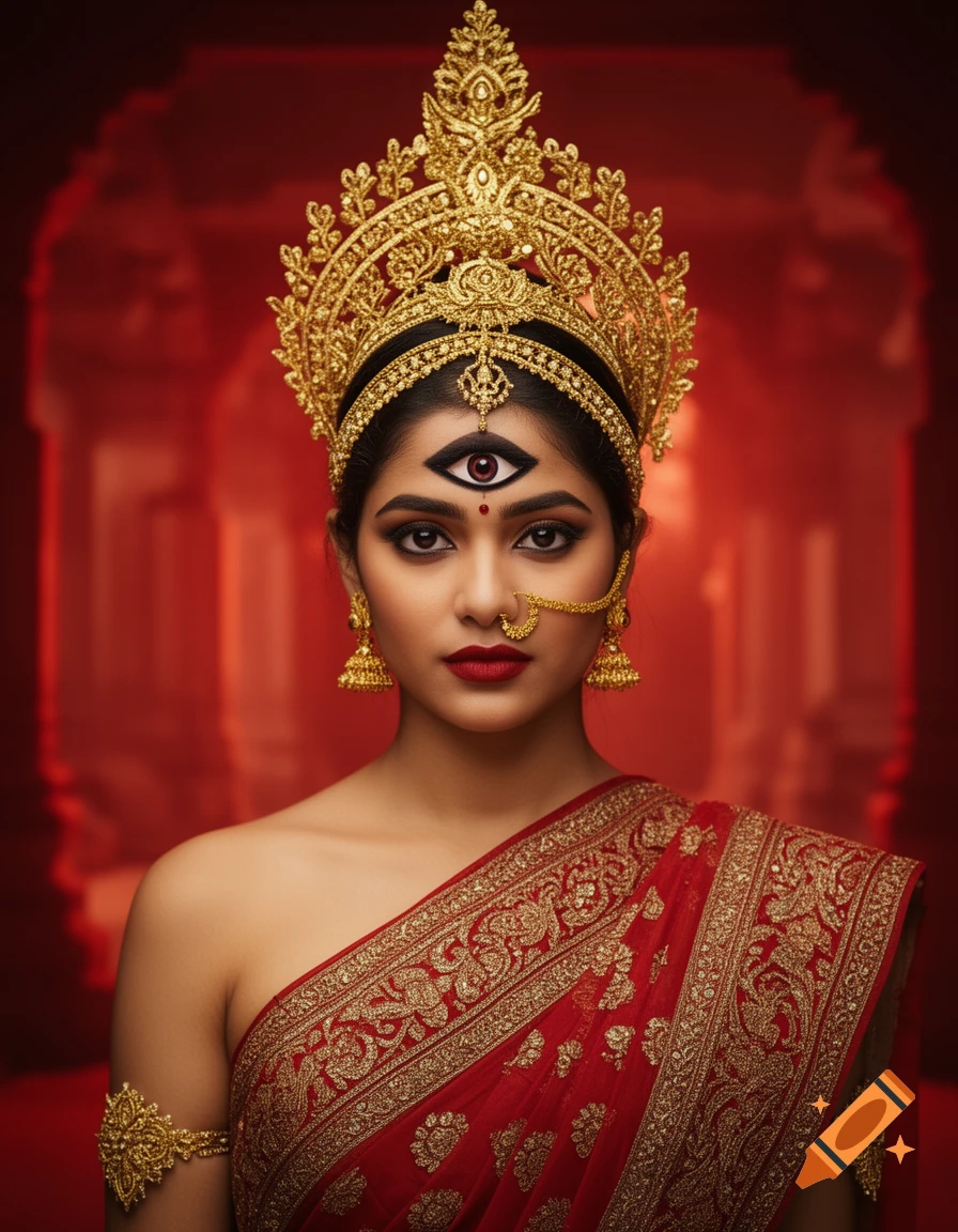 Photorealistic portrait of a woman with a golden headdress, nose ring, and third eye, wearing a red saree against a warm red temple background.