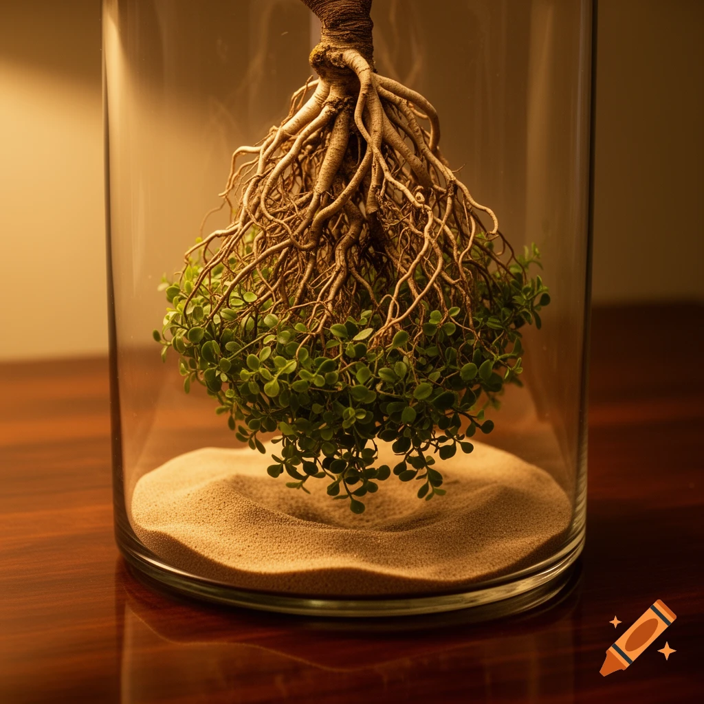 Photorealistic reverse bonsai tree with roots extending upwards from a leafy canopy, resting on sand in a clear glass container.