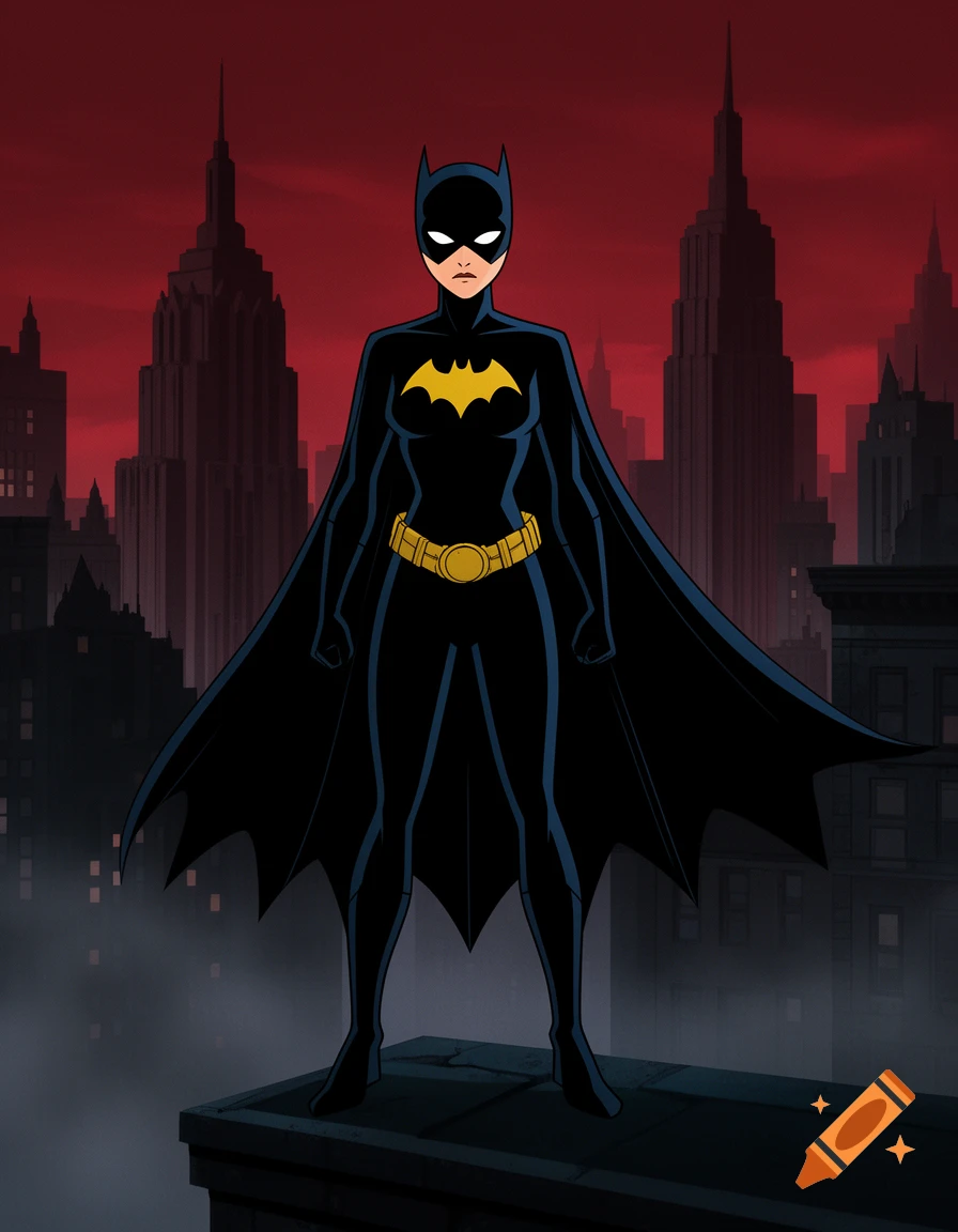Cassandra Cain as Batgirl stands on a Gotham rooftop at night, stylized in the Batman: The Animated Series aesthetic.