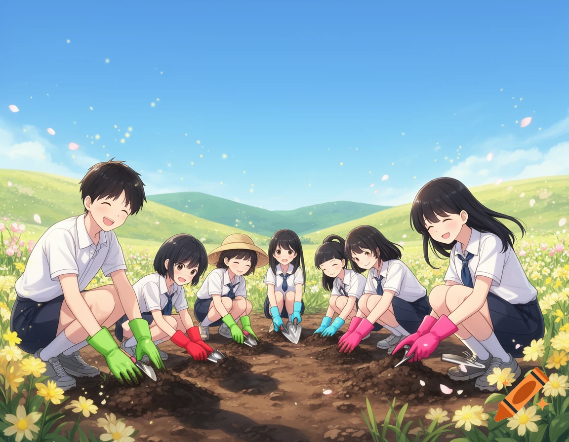 Anime students planting seeds in a sunny, flower-filled field under a blue sky.