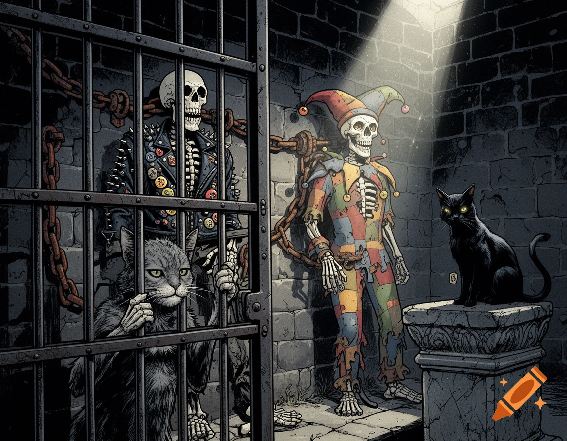 A punk rock skeleton in a cage, a jester skeleton chained outside, a human-like cat behind bars, and a black cat, in a comic art dungeon.