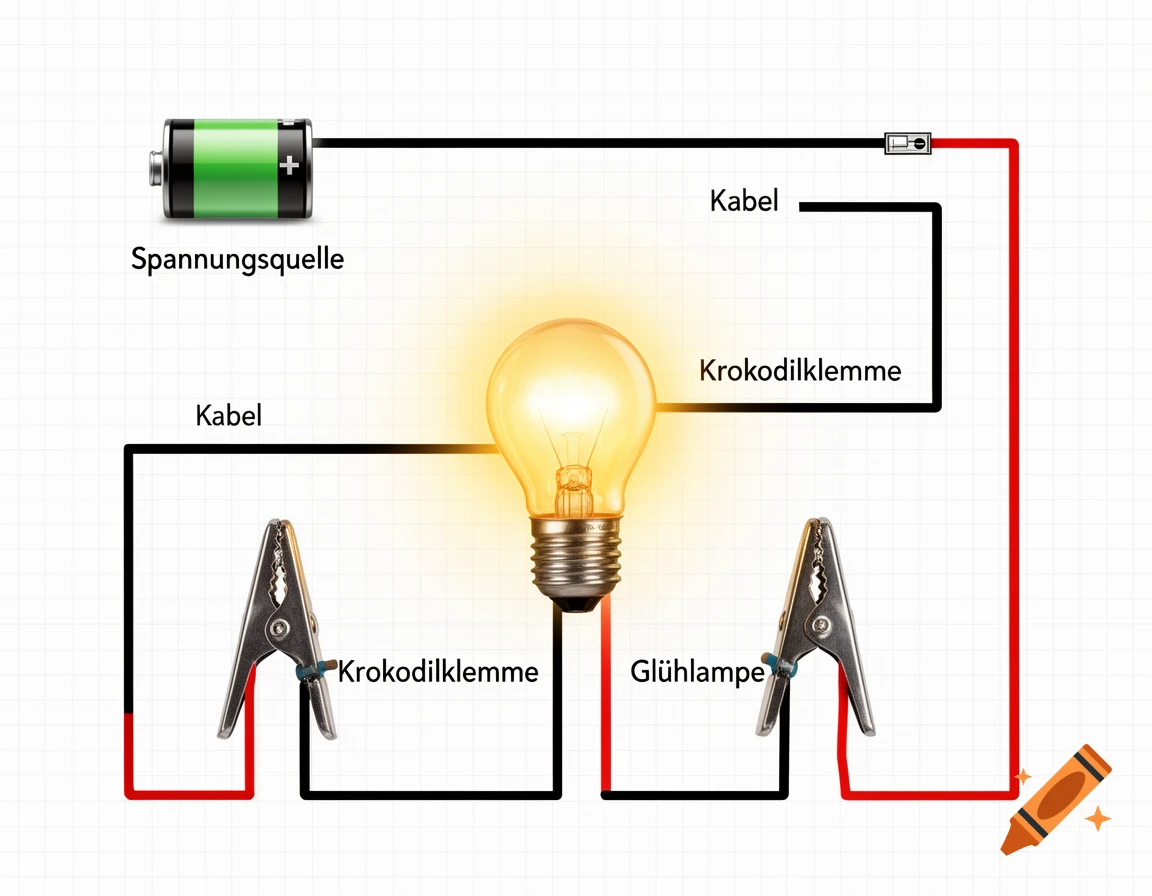 A detailed electrical circuit diagram with a green battery, glowing light bulb, and two alligator clips connected by black and red cables, all labeled in German on a grid background.