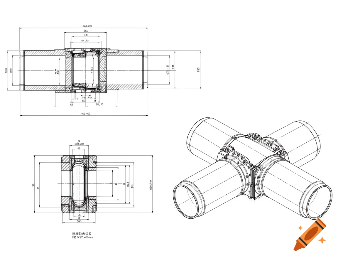 An engineering drawing displaying plan, section, and isometric views of a PE 400 pipe connected to a St 350 pipe.