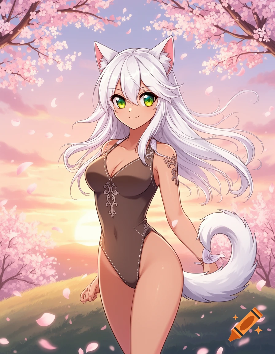 An anime cat girl with long white hair, green eyes, cat ears, and a fluffy tail, wearing a brown swimsuit amidst blooming cherry blossom trees at sunset.
