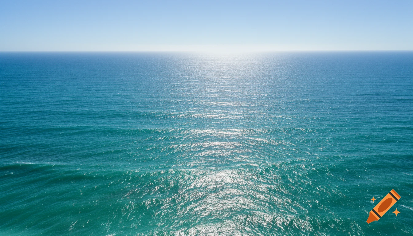 A vast expanse of blue and turquoise ocean with sunlight reflecting on the water under a clear blue sky.