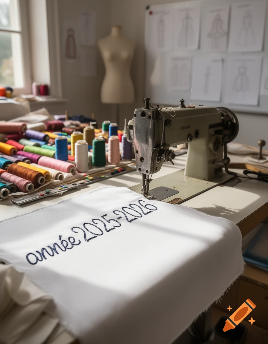 A sewing machine, colorful threads, and 'année 2025-2026' embroidered on white fabric in a sunlit fashion studio.