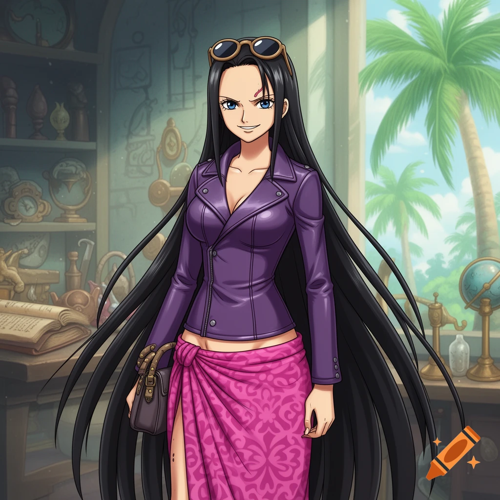 Anime character Nico Robin with long black hair, wearing a purple jacket and pink sarong, stands in a room with palm trees visible outside a window.